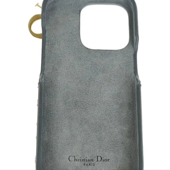 CHRISTIAN DIOR Logo Lady iPhone Case 14 Pro Leather Blue GHW Italy